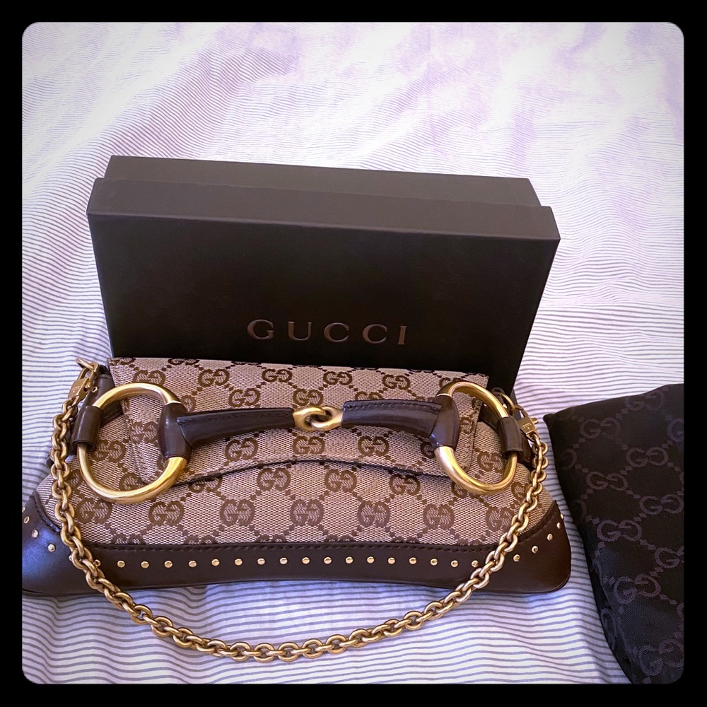 Gucci GG brown canvas and leather chain clutch
